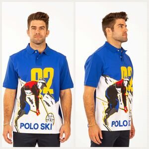 Polo Ralph Lauren Classic Fit Ski Graphic Blue Print Polo Shirt Men Size S